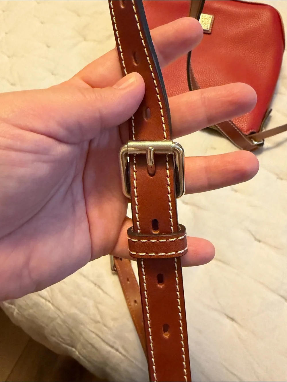 Dooney & Bourke Red Pebbled Leather Crossbody with Brown Strap